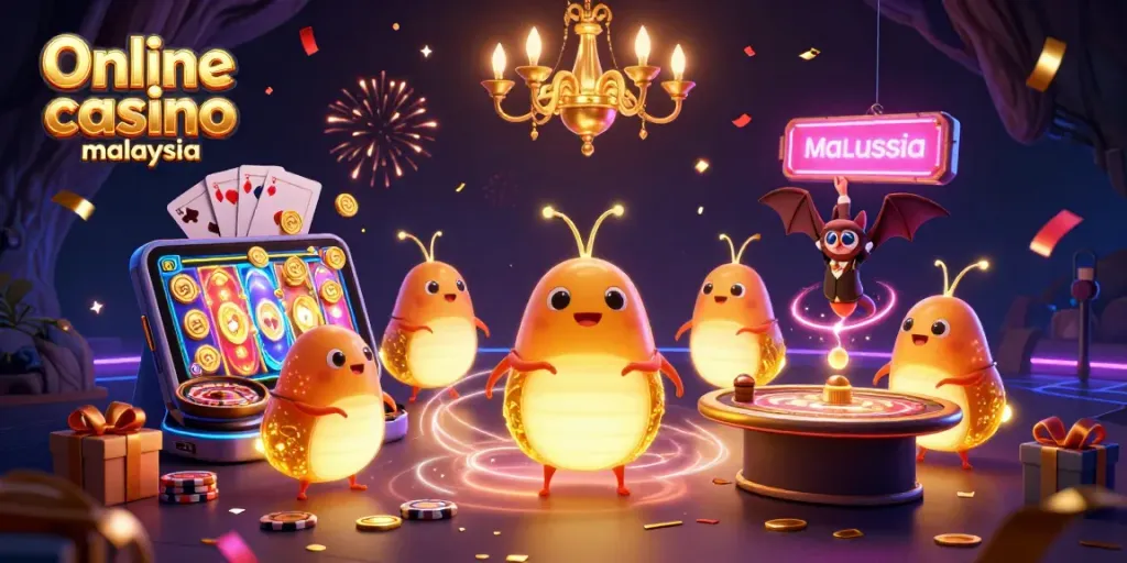 online casino malaysia scene with glowworms illuminating a cave casino, showcasing vibrant games