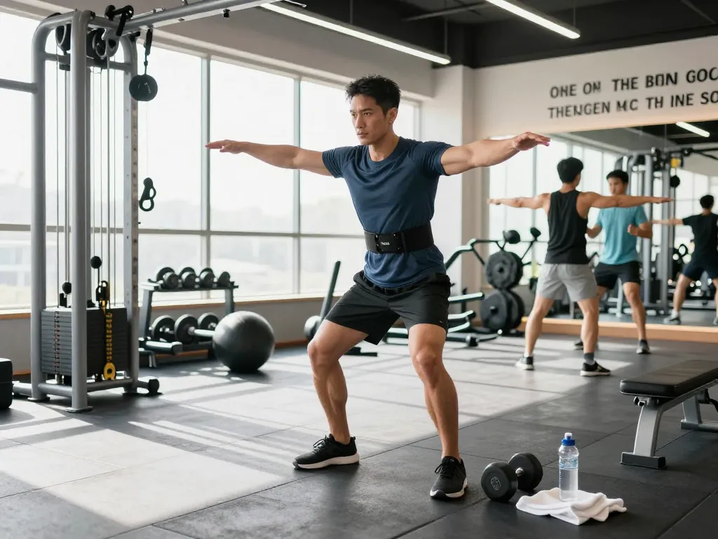 Fivali back brace posture support being demonstrated by an athletic man in a gym setting, showcasing proper exercise form.