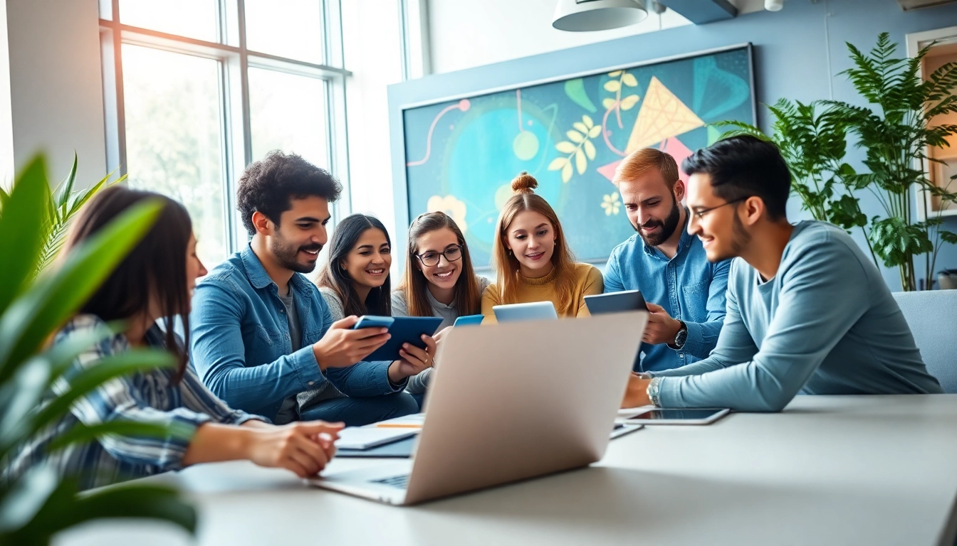 Social media agency team collaborating in a modern workspace with digital devices.