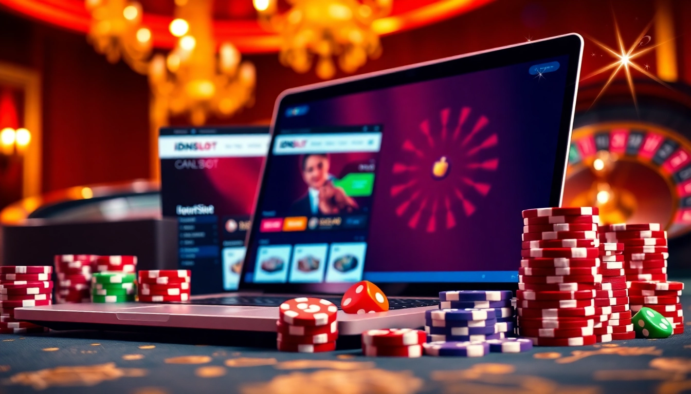 Experience thrilling gameplay with idnslot at a luxurious online casino featuring poker chips and a roulette wheel.