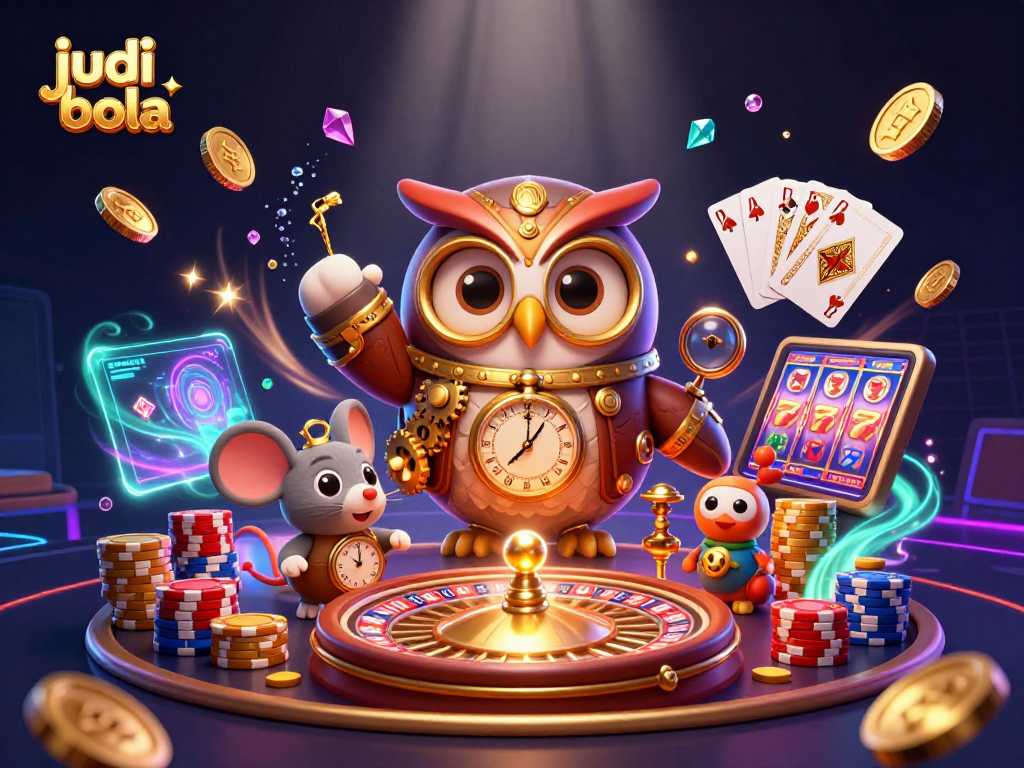 Experience thrilling judi bola action with a cartoon owl and casino elements in a dynamic scene.