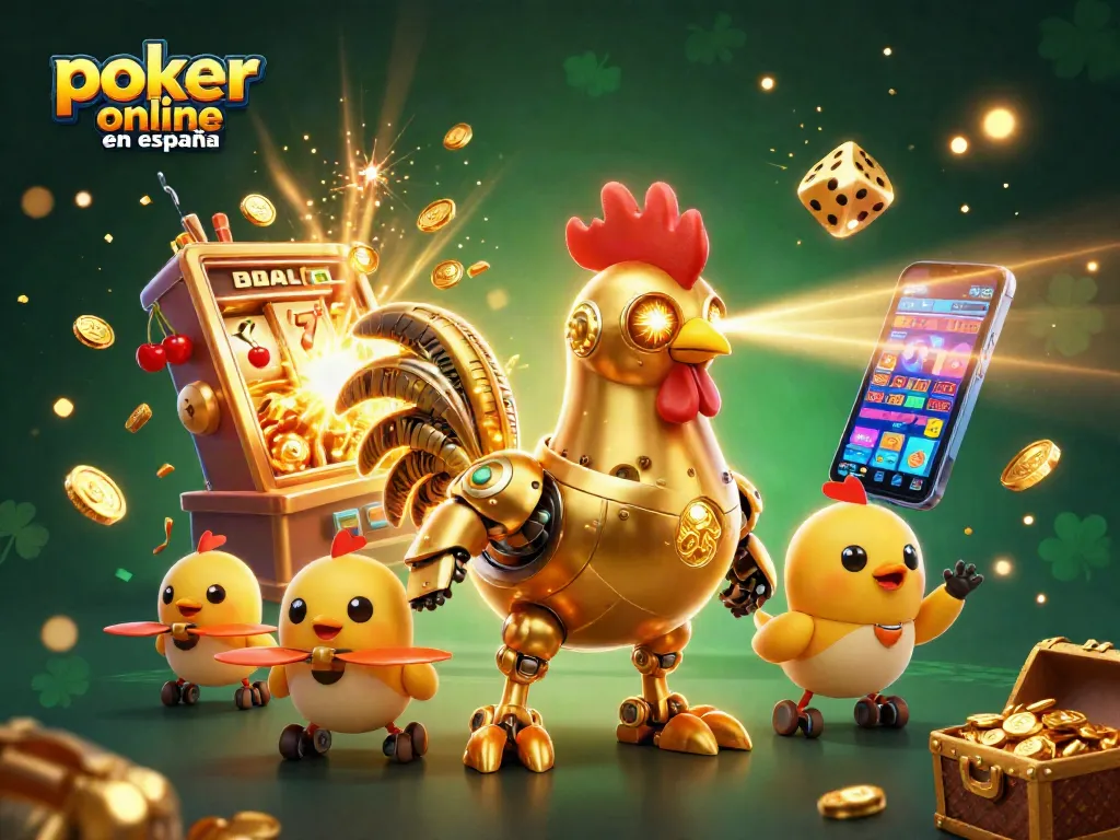 Experimenta el póker online en España con un robot dorado y muñecos voladores en un ambiente vibrante