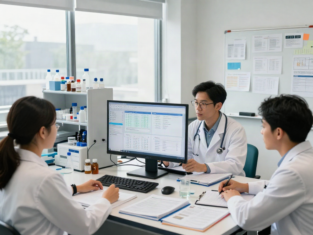 Semaglutide research Orange County with medical professionals collaborating in a bright lab setting.
