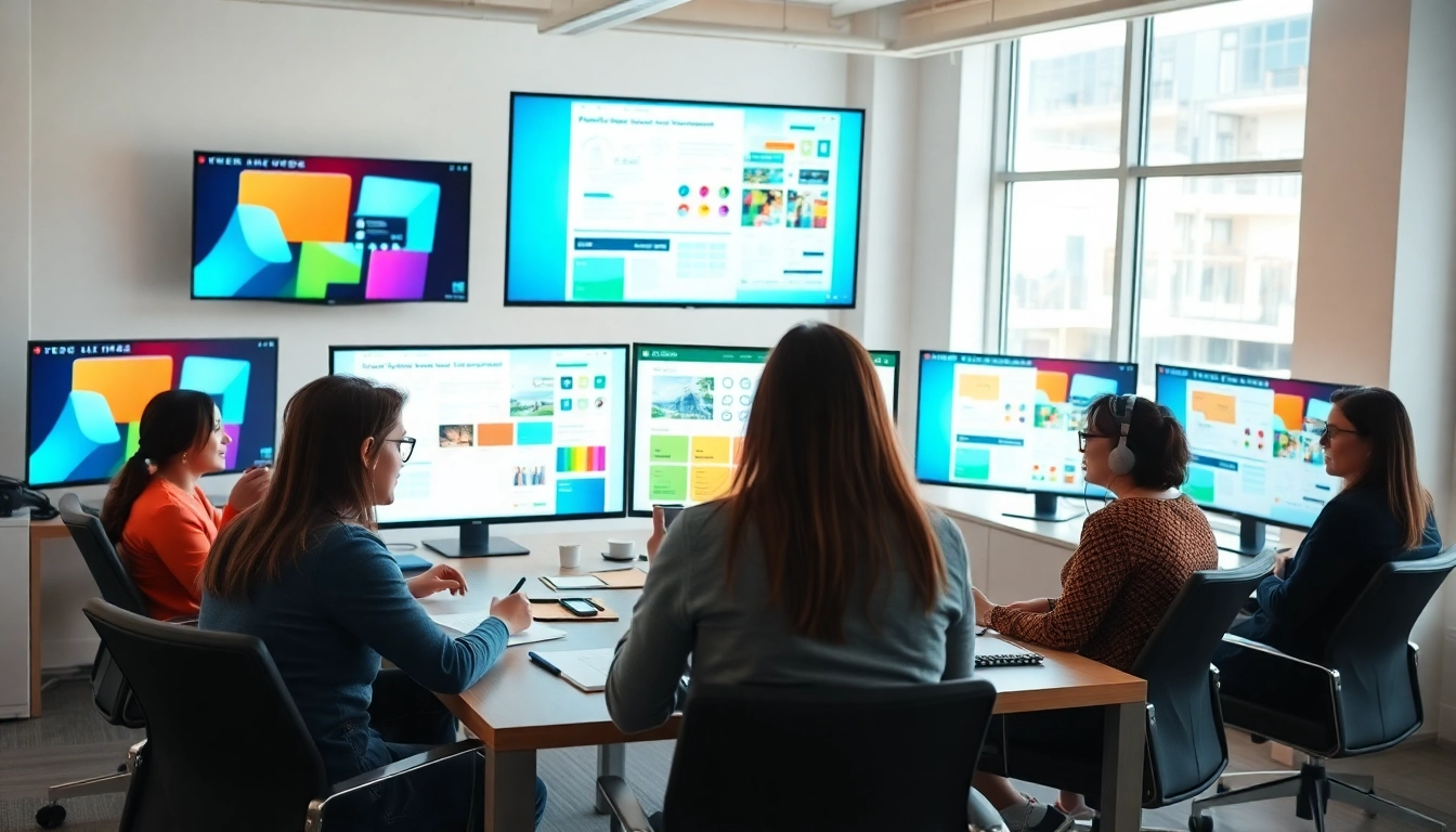 A vibrant scene showcasing a web design company team collaborating on creative projects.
