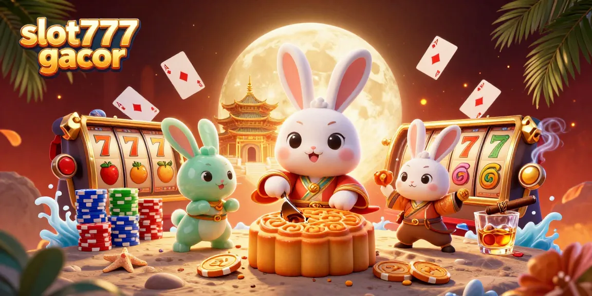 Menghadirkan slot777 gacor, ilustrasi 3D kelinci bulan tradisional dengan poker chip emas di dalam kue bulan.