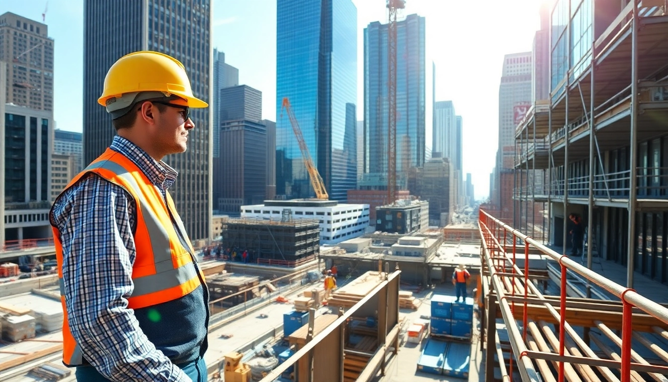 New York City Commercial General Contractor managing a construction site with workers and skyscrapers.