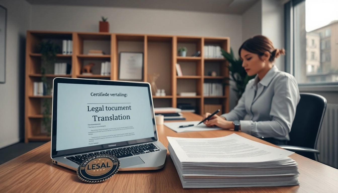 Detailed workspace of a professional translator focused on beëdigde vertaling, showcasing documents and translation tools.