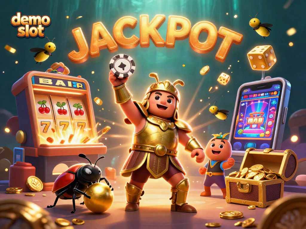 Spin the demo slot with cartoon beetle champions celebrating jackpot wins in a vibrant casino scene.