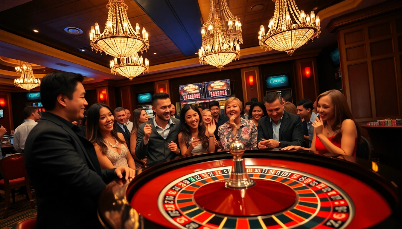 Casino spielen mit lebhaften Spielern an einem Roulettetisch, der Freude ausstrahlt.