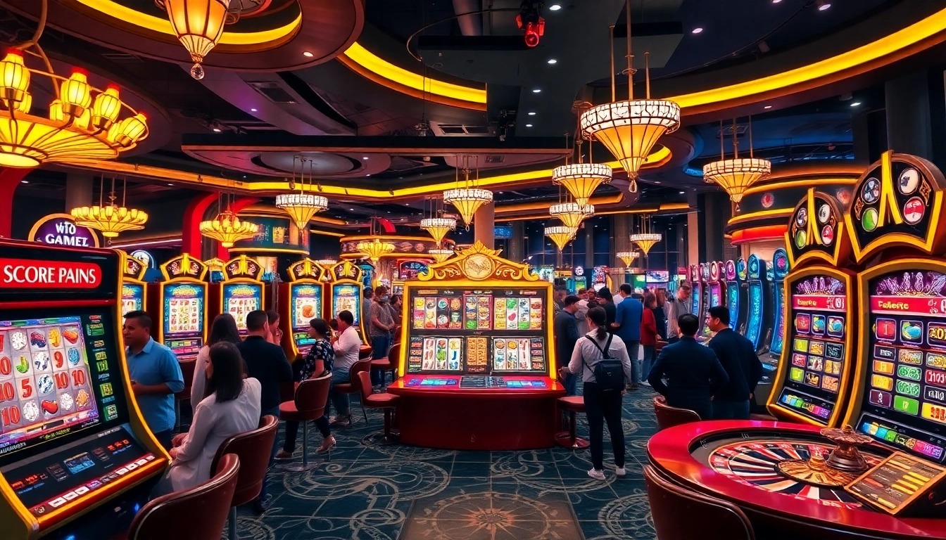 Pemain meraih jackpot di mesin slot deposit pulsa yang penuh warna dalam suasana kasino mewah.