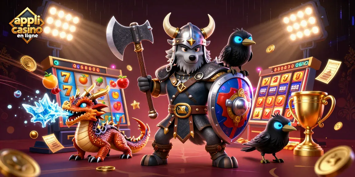 Jouez à l'appli casino en ligne avec un guerrier loup viking et un dragon dynamique dans un décor vibrant.