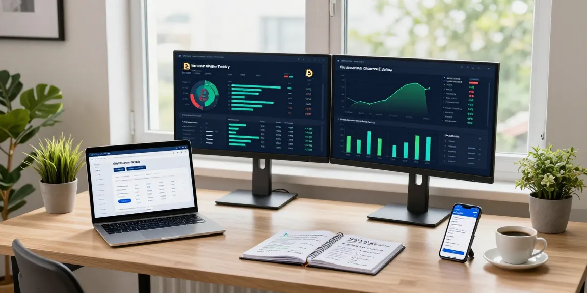 sustainable bitcoin mining insights displayed on dual monitors in a crypto trading workspace with financial charts and DeFi apps.