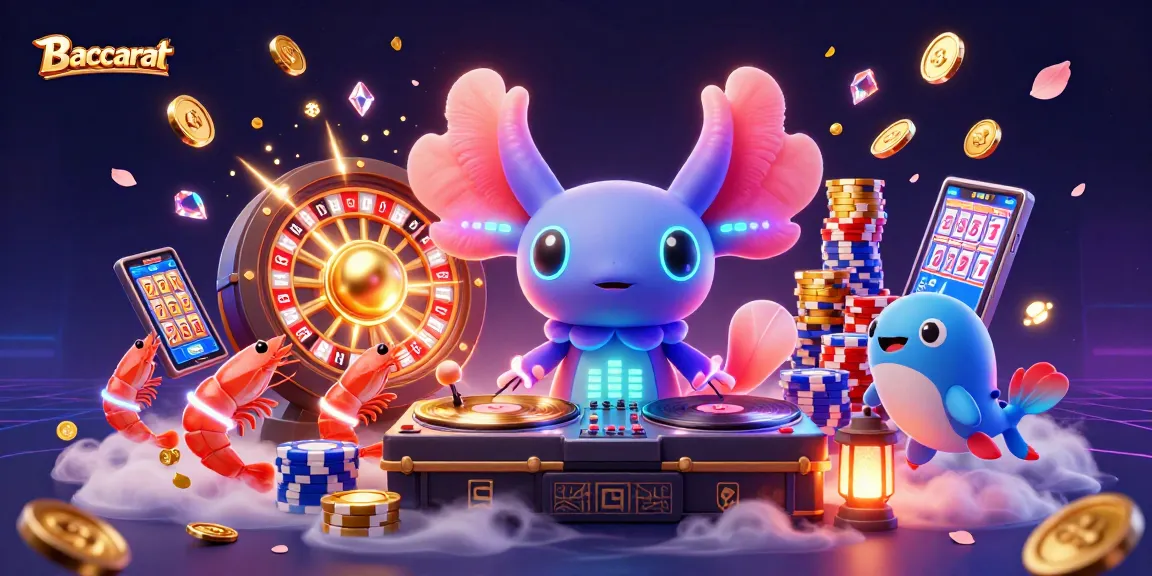 Baccarat illustration with a vibrant axolotl DJ and colorful casino elements creating an engaging gameplay atmosphere