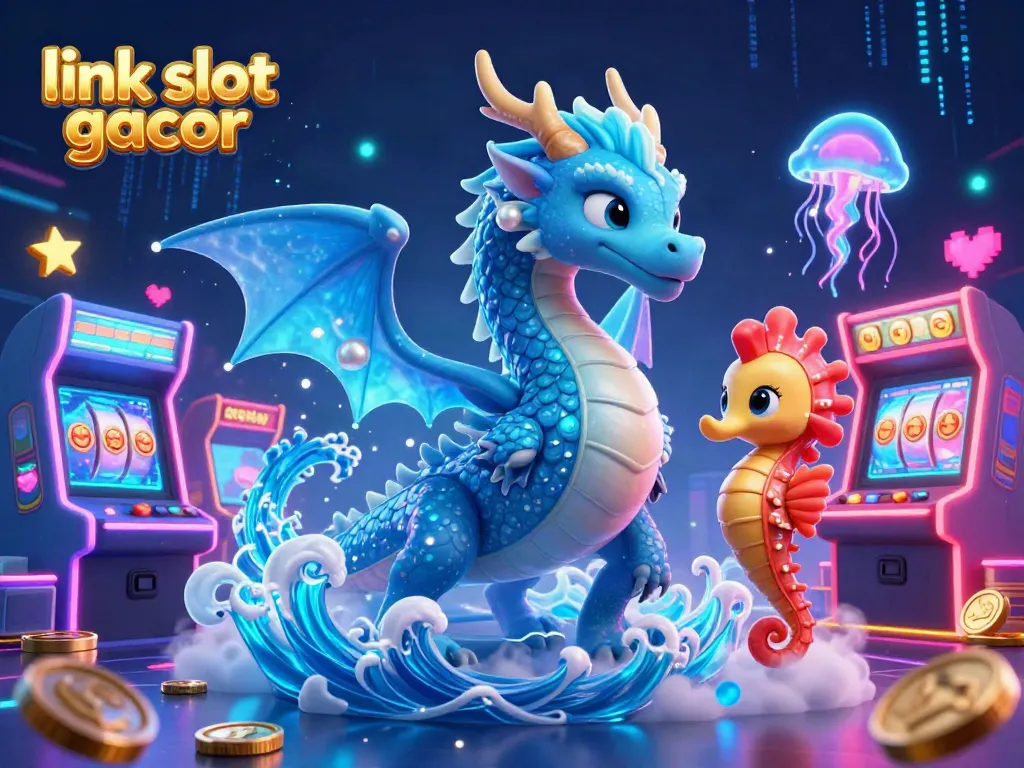 Engage with link slot gacor through a vibrant 3D scene of a water dragon, seahorse knight, and neon jellyfish.