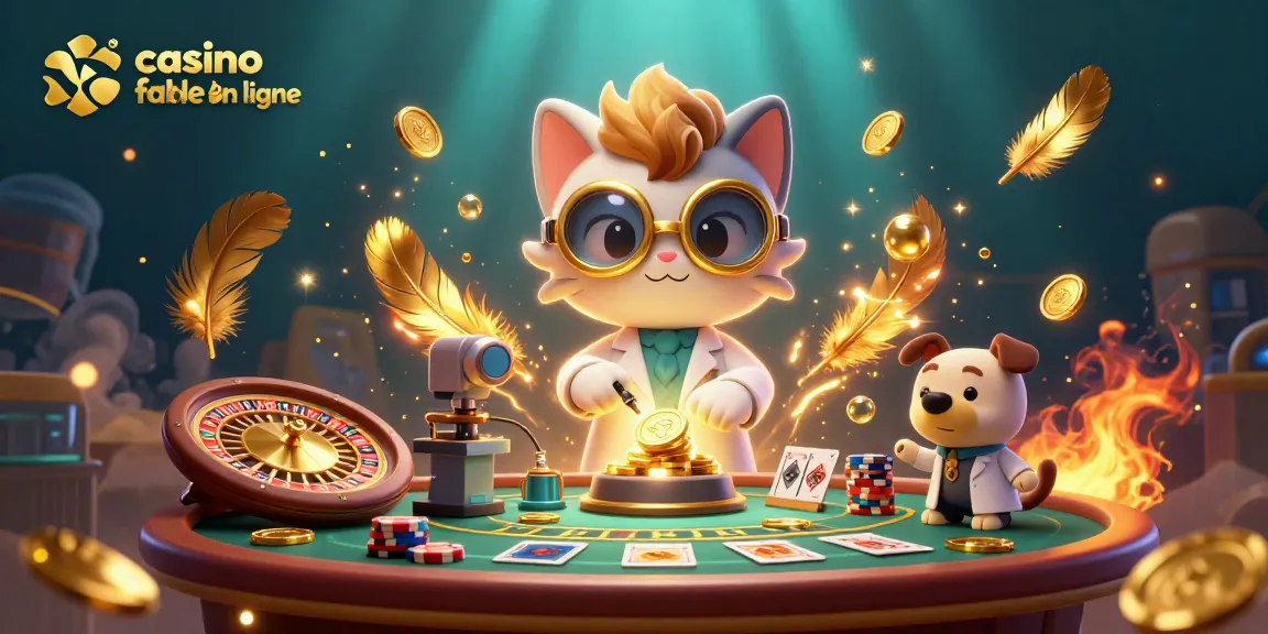 Illustration d'un chat scientifique avec un chien assistant créant un casino fiable en ligne, avec des jeux de roulette et de baccarat.