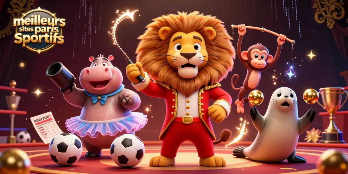 Les meilleurs sites de paris sportifs illustrés avec un lion de cirque, un hippopotame et un singe, entourés d'éléments sportifs dynamiques.