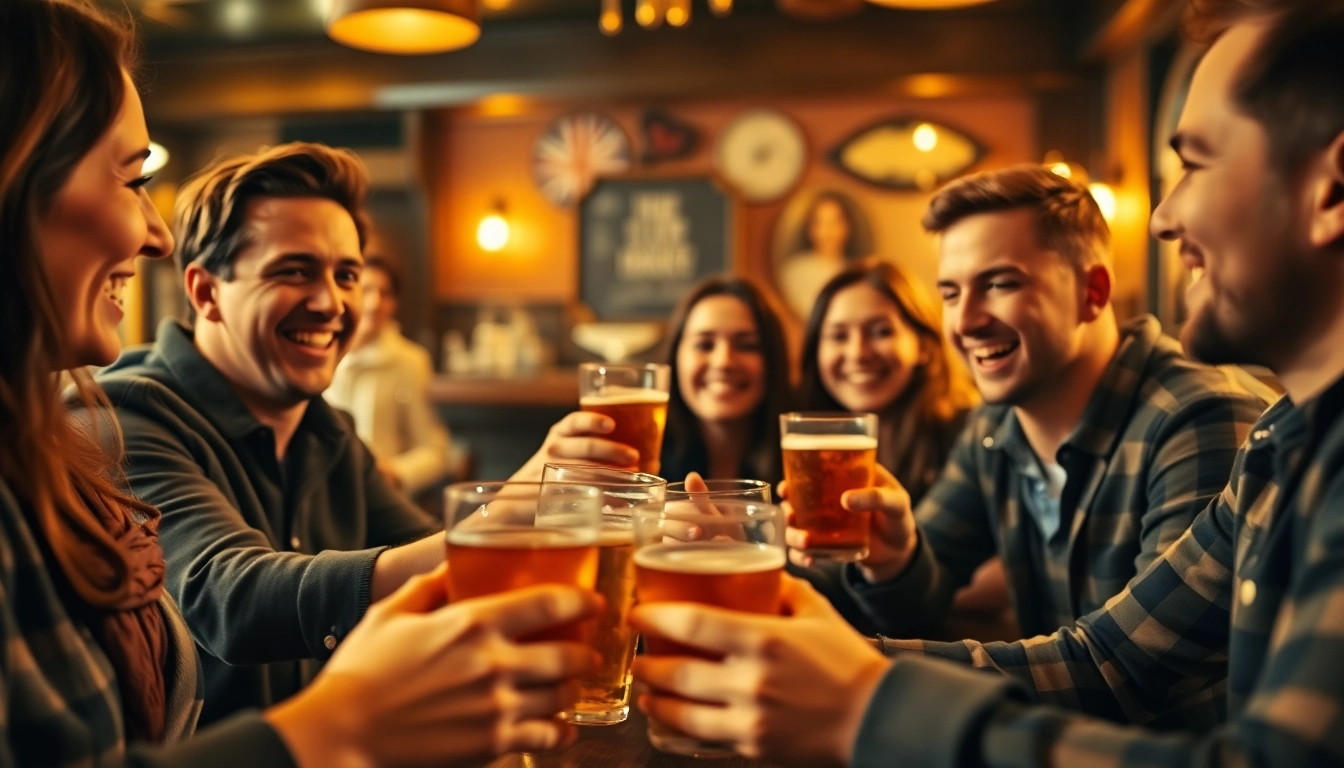 Group of friends celebrating why do we say on the lash in a lively pub, joyfully clinking glasses.