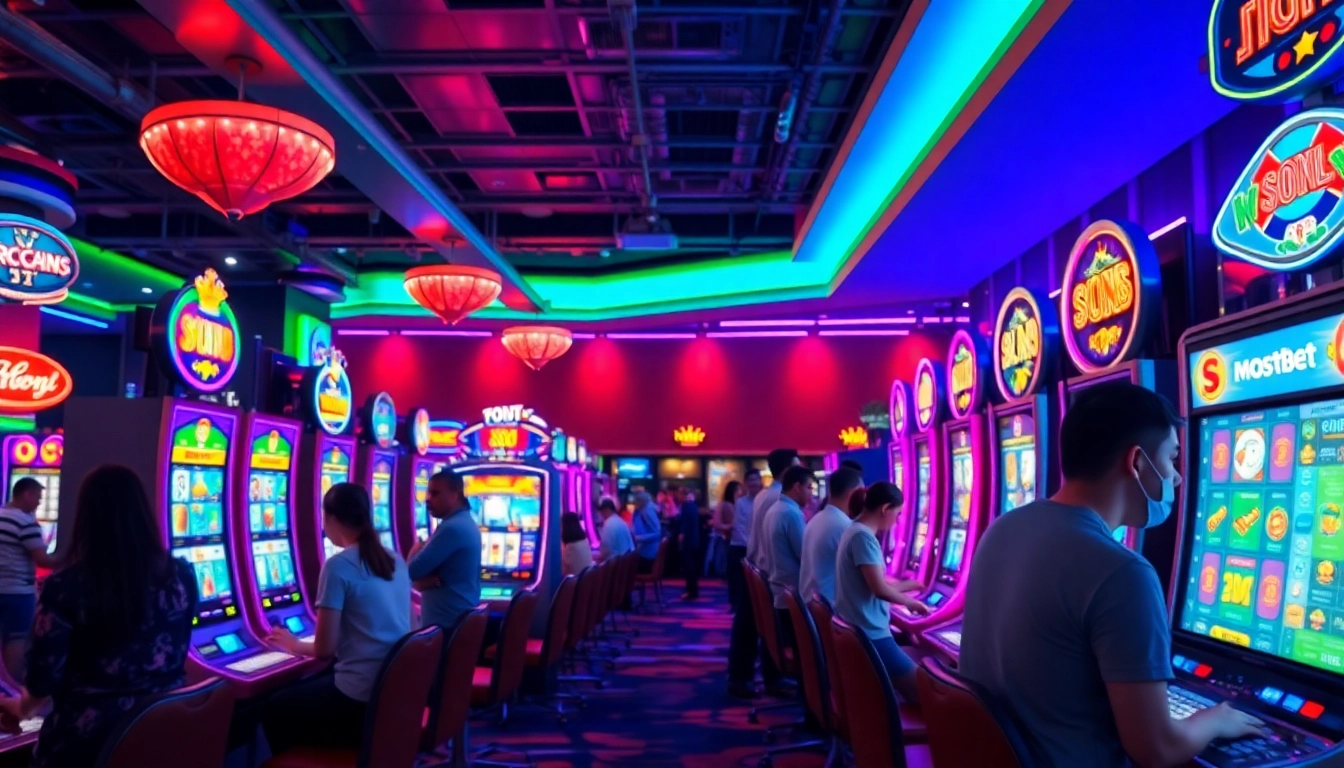 Mostbet onlayn oyunlar üçün canlı slot maşınları və oyunçuların məşğul olduğu bir kazino görüntüsü.