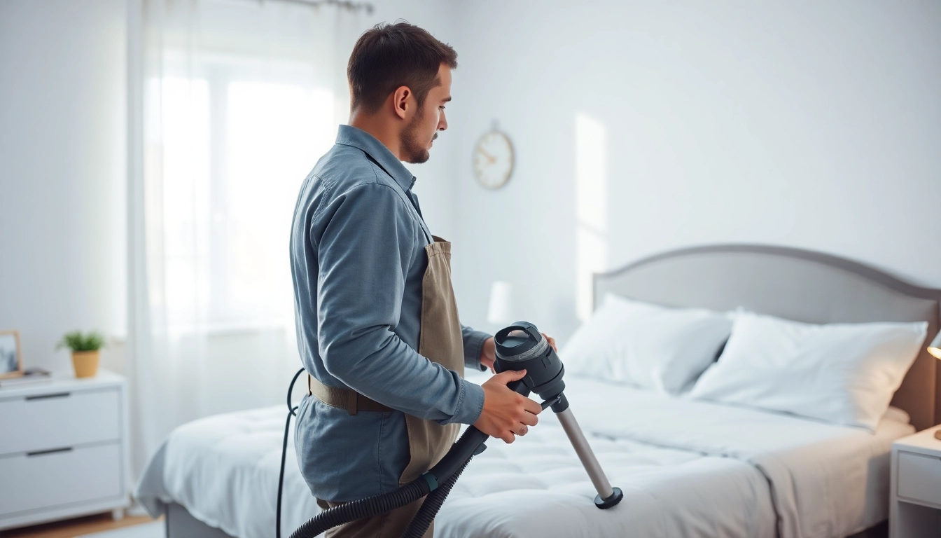Tech performing bed bug removal in a cozy bedroom, ensuring a thorough cleansing process.