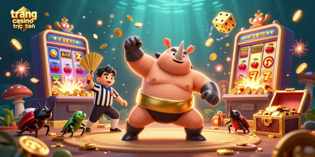 Cảnh 3D đầy ấn tượng về trang casino trực tuyến với bọ cánh cứng võ sĩ và biểu tượng slot.