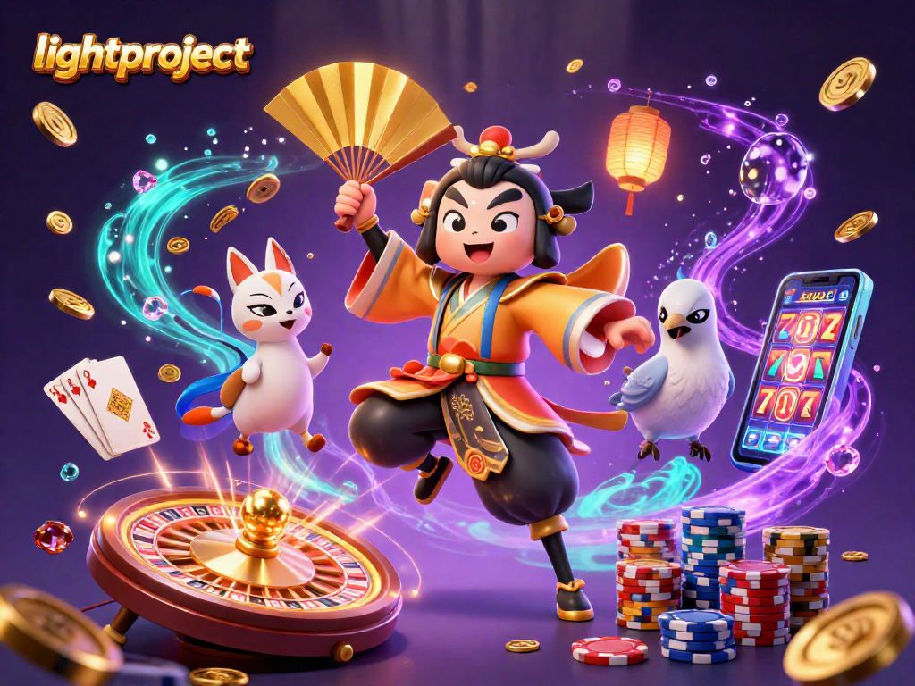 Lightproject displays animated characters and casino elements amidst cascading coins and gems.
