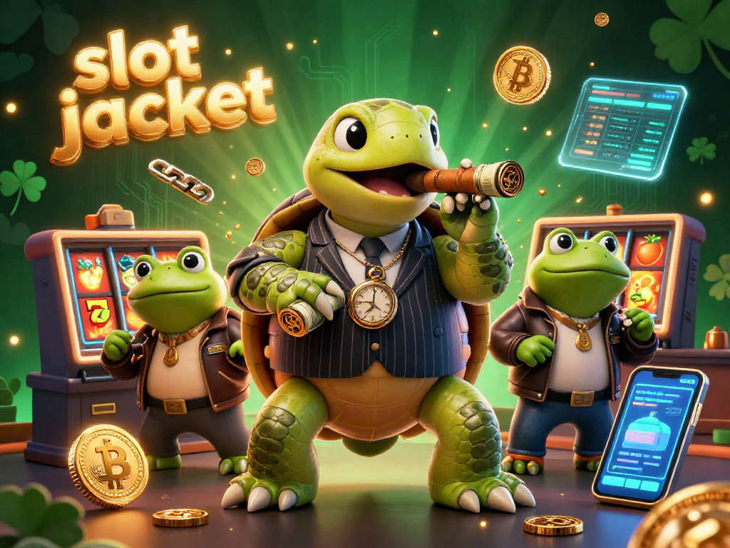 Win big with slot jackpot in this vibrant 3D casino scene featuring a lucky turtle and bullfrog enforcers.