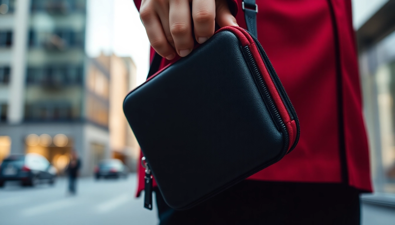 Mit einer abschließbaren Handytasche, die ihren hochwertigen Stoff und ihre Sicherheitsmerkmale zeigt.