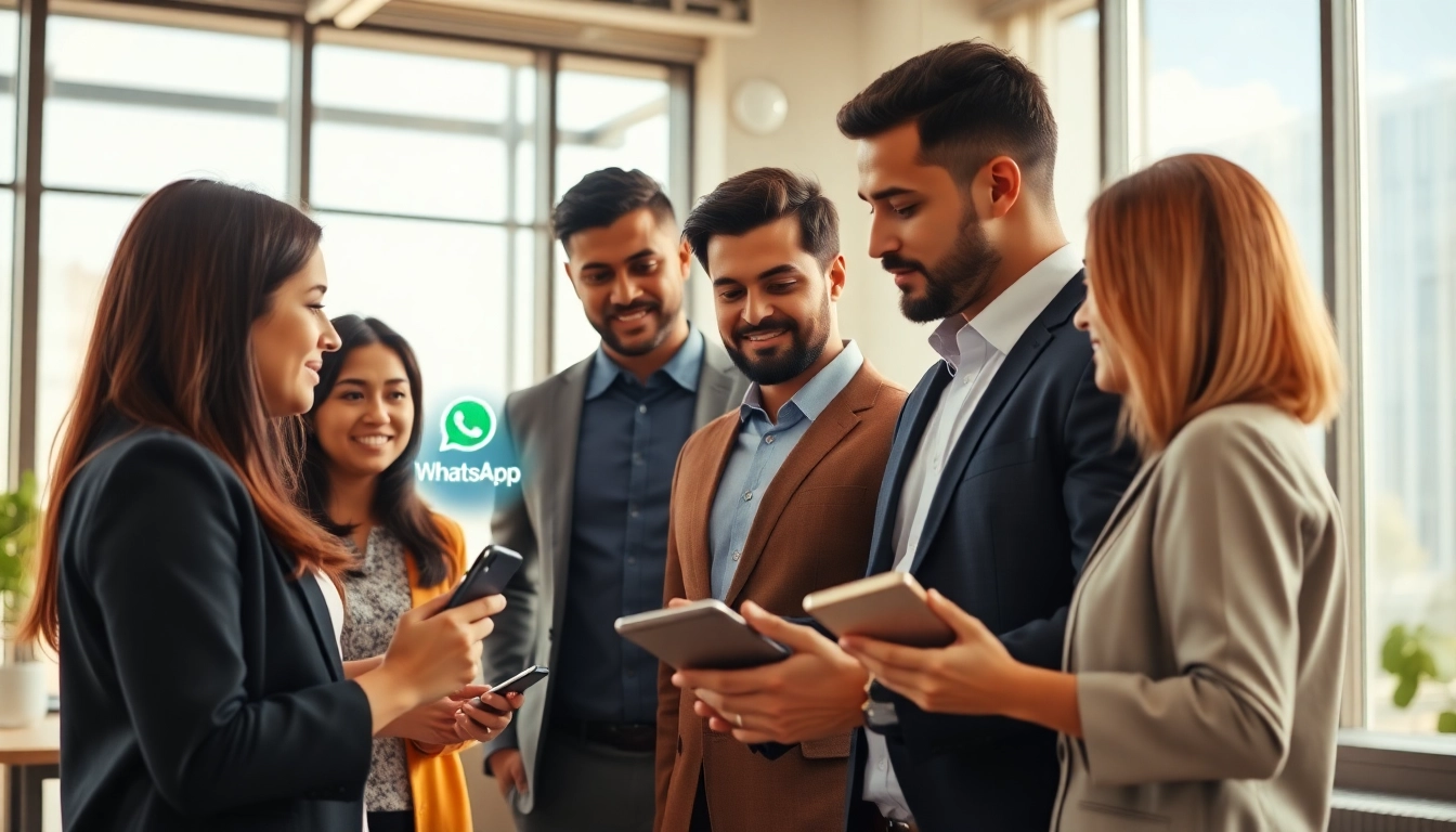 Implement seamless communications using whatsapp business api with a diverse team in a modern office.