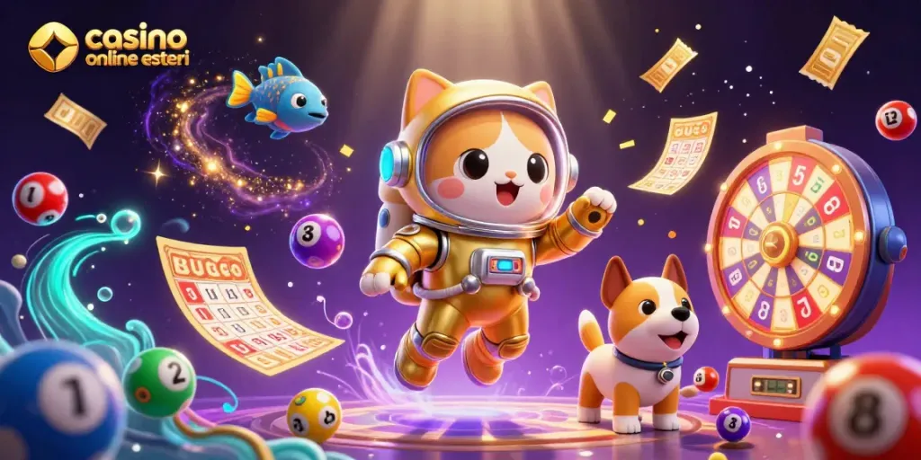Gioca ai casinò online esteri e scopri i bonus e le promozioni in un'illustrazione vivace.