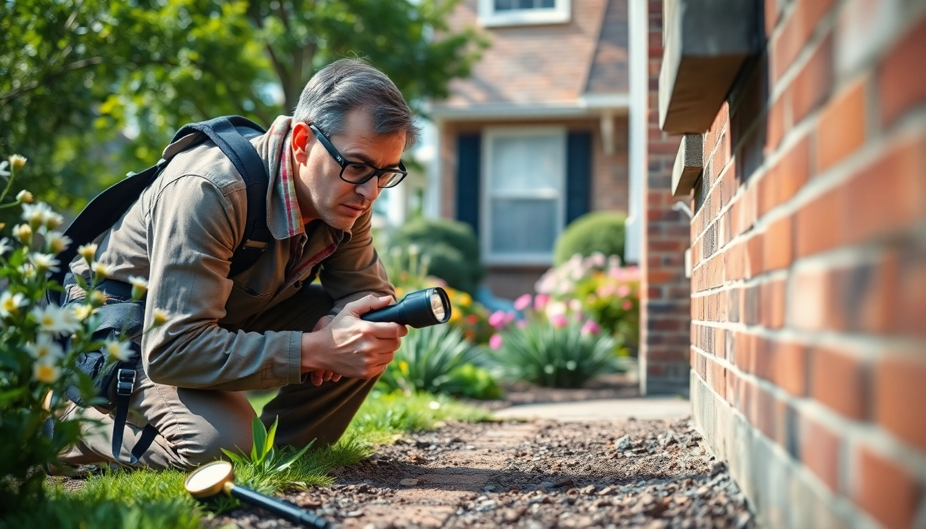 Professional inspector conducting a nearby pest inspection in a residential garden setting.