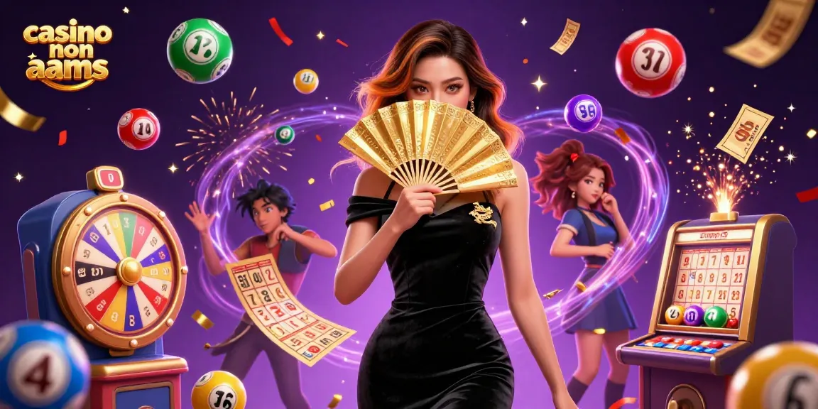 Illustrazione di casino non aams con una donna asiatica straordinaria, elementi di gioco dinamici e un'atmosfera di festa.