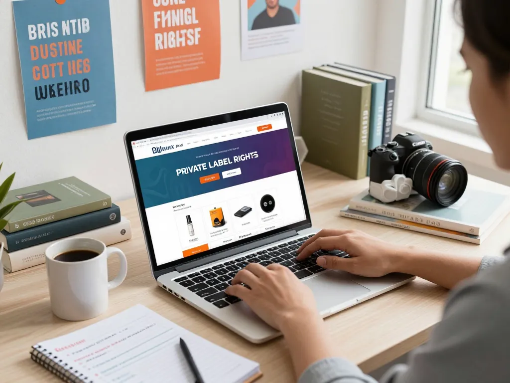 Buy Private Label Rights Products in a vibrant e-commerce workspace