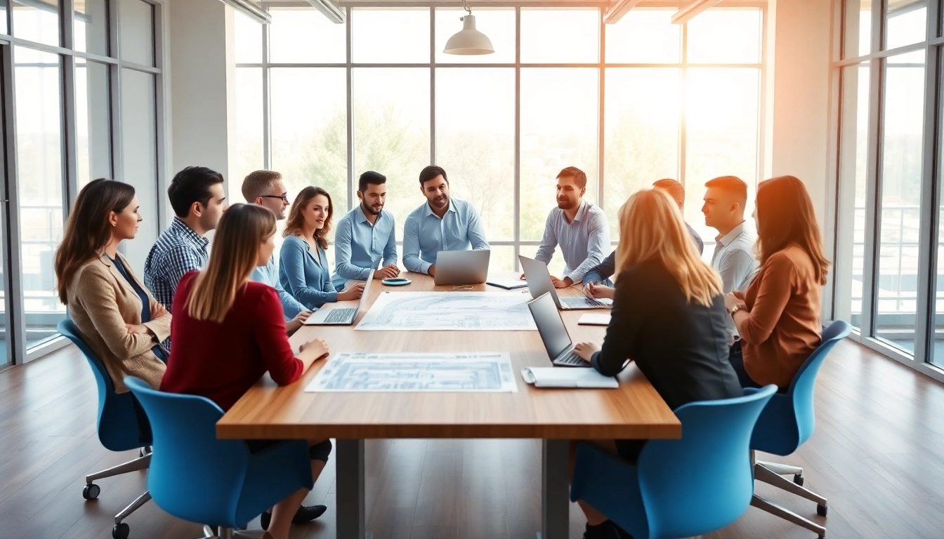 Engaged professionals in a construction member organization discussing project plans in a bright office.