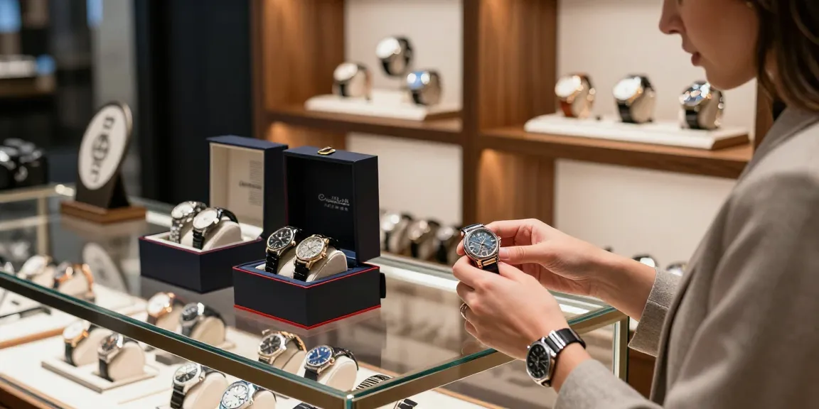 Shopper exploring luxury 시계 레플리카 in a modern boutique.