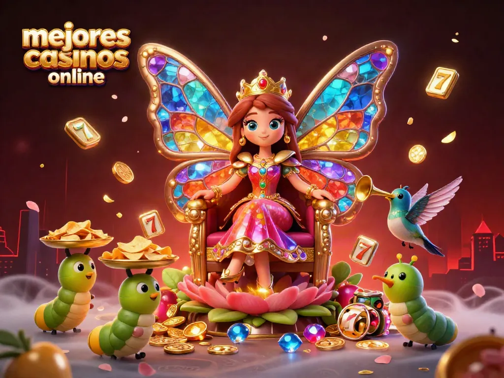 Visualiza los mejores casinos online con una reina mariposa y elementos de casino junto a un cofre del tesoro.