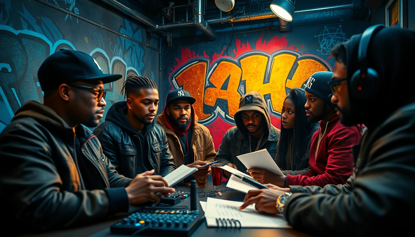 Hip hop PR firm showcasing diverse artists collaborating in a vibrant studio environment.