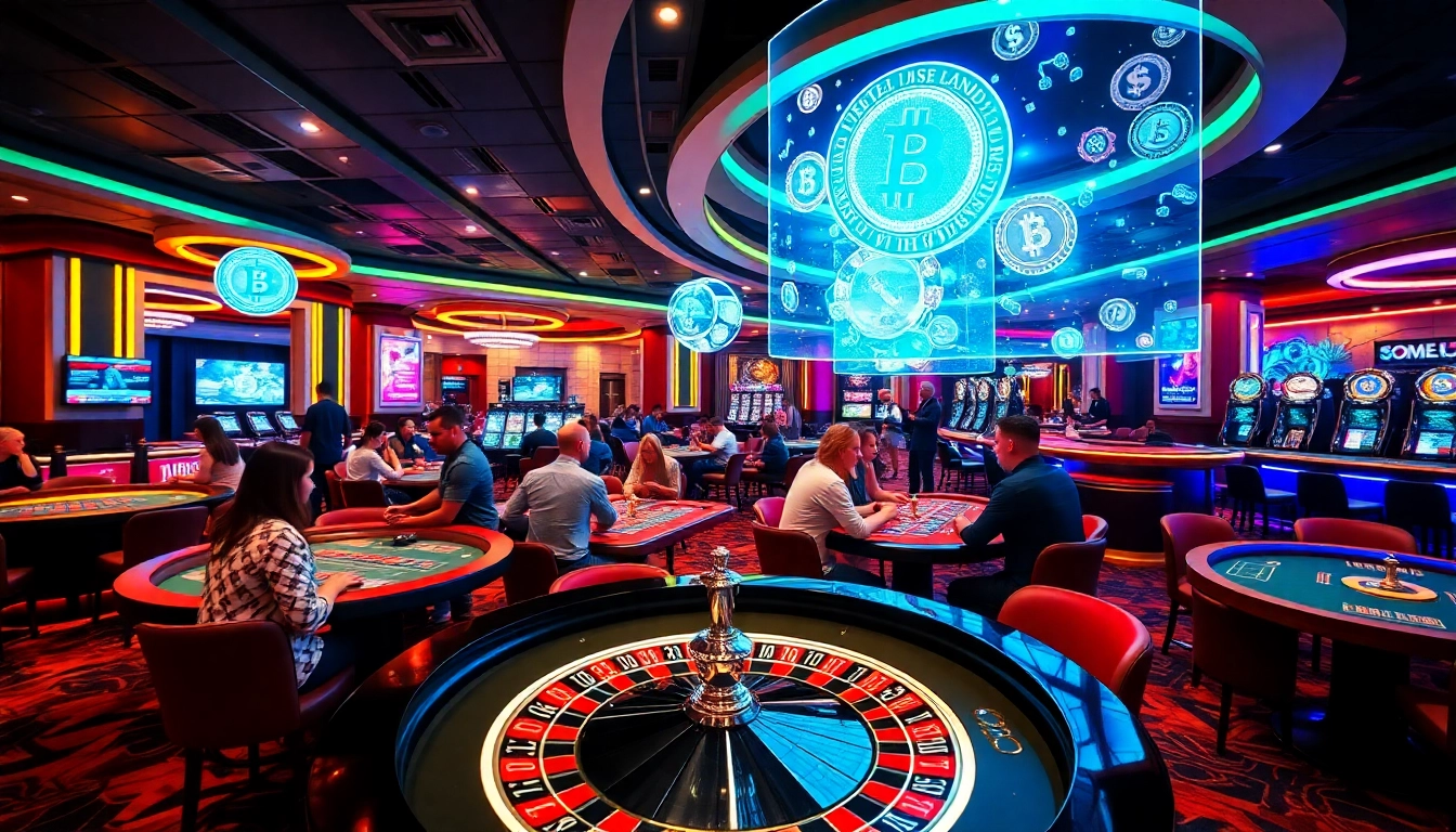 Experience an energetic crypto casino atmosphere with players enjoying various games and digital currency displays.