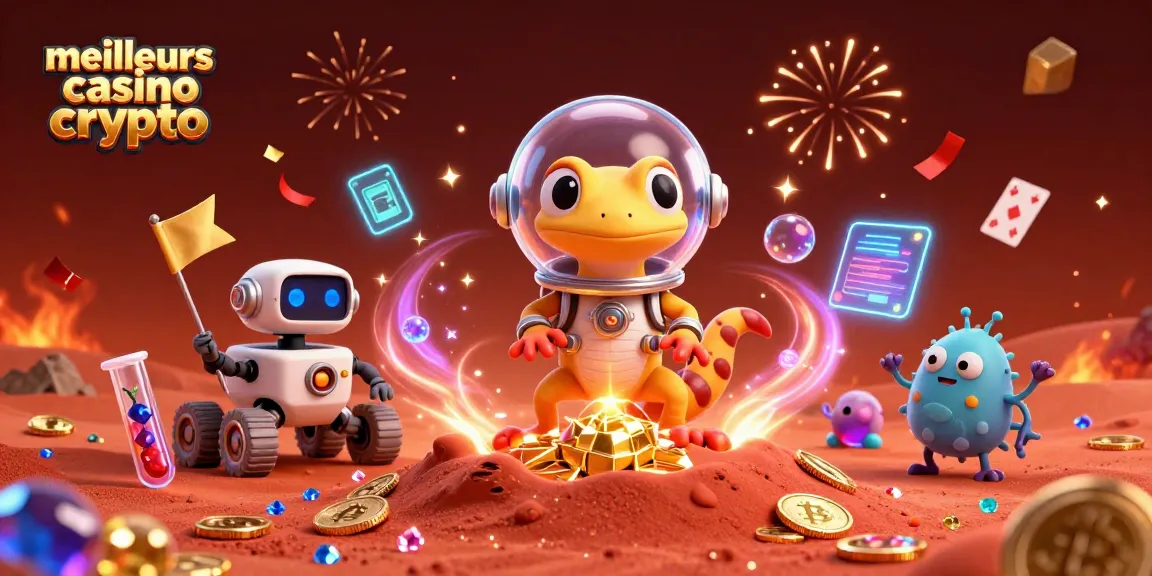 Découvrez les meilleurs casinos crypto avec un gecko martien explorant un casino doré sur Mars.