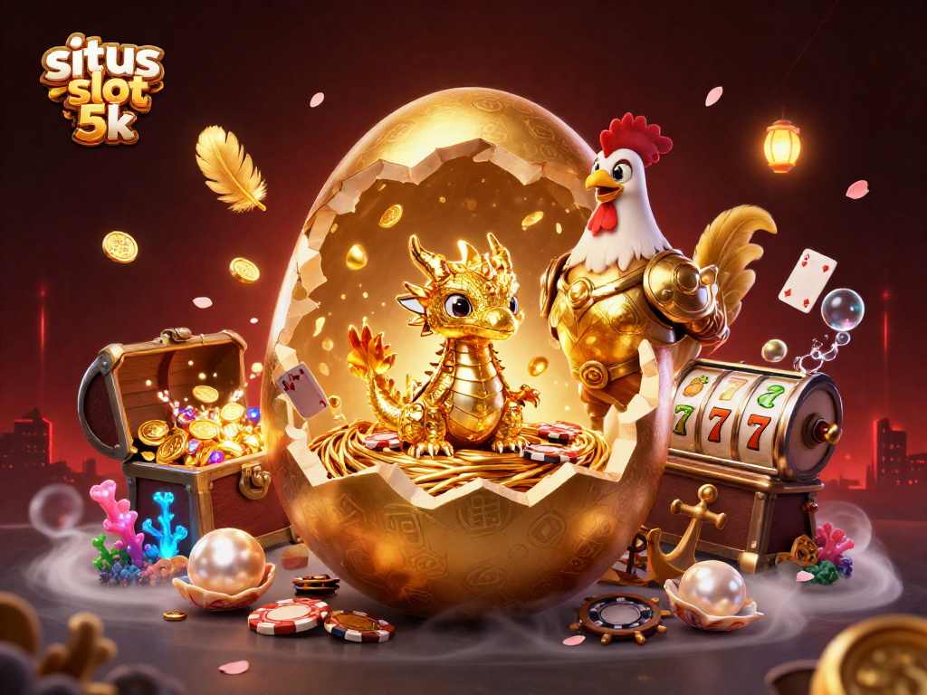 Engage with situs slot 5k through an exciting scene of dragons and gaming elements in a vibrant casino.