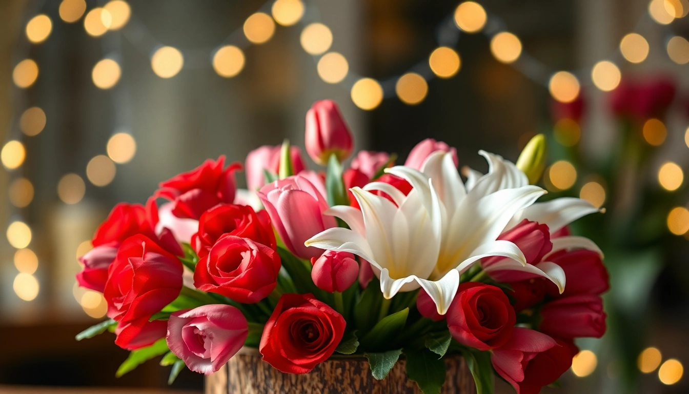 Handcrafted valentines flowers bouquet showcasing vibrant roses and tulips in a rustic setting.