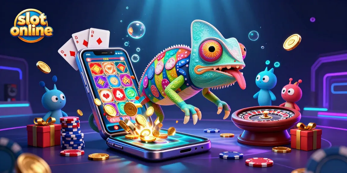 Permainan slot online dengan chameleon kasino yang dinamis, koin emas, dan smartphone menampilkan game slot