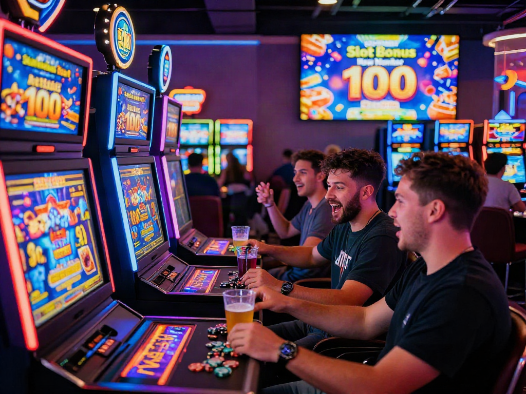 Experience the excitement of slot bonus new member 100 in this vibrant online casino scene.