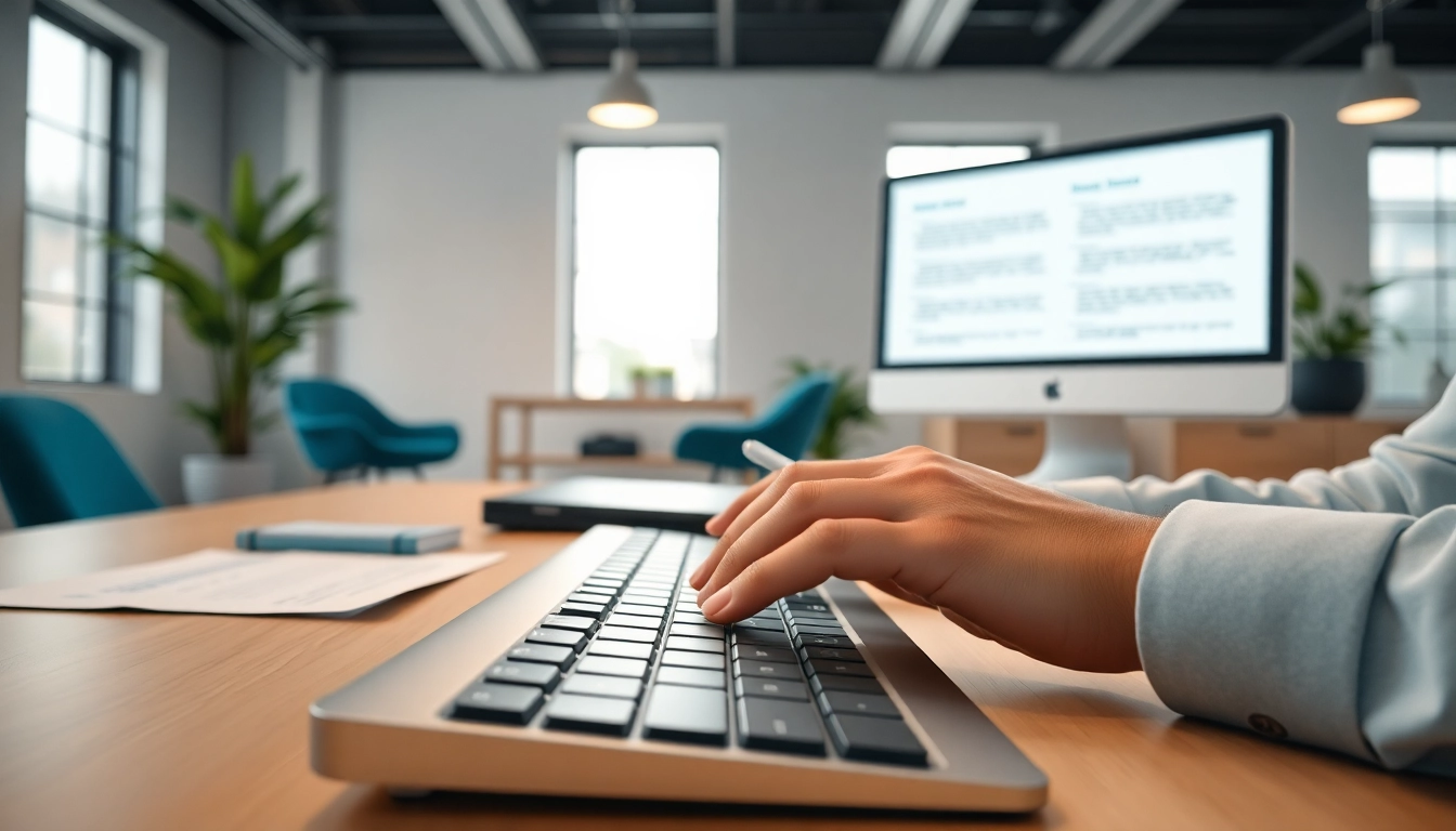 Showcasing a well-organized typing center with a person typing on a keyboard in a bright office.