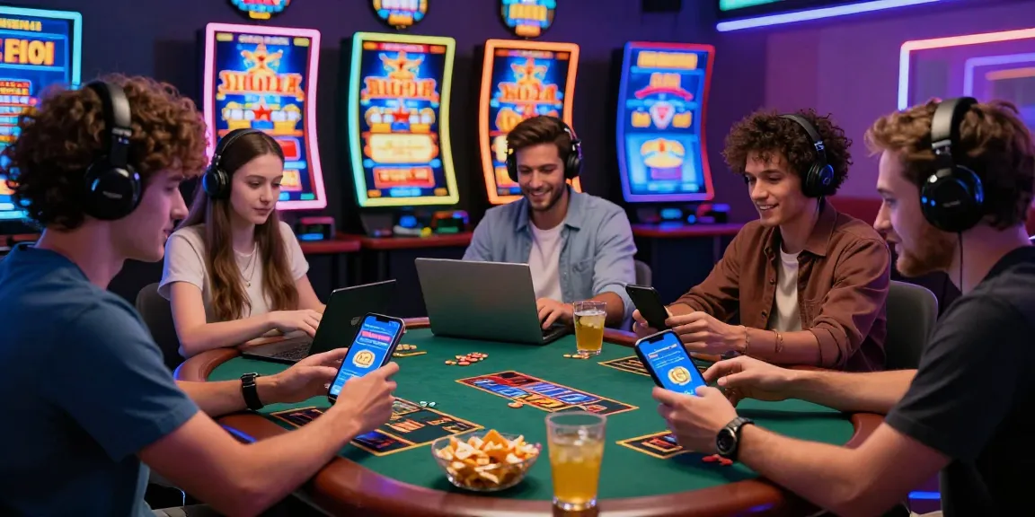 Players enjoying engaging games at a credit card casino on various devices, surrounded by vivid graphics and neon lights.