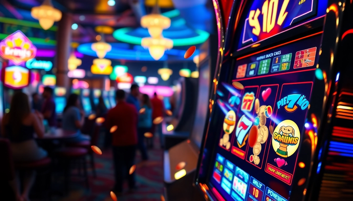 Permainan slot yang menarik dengan lampu berkilau dan koin berjatuhan di kasino.