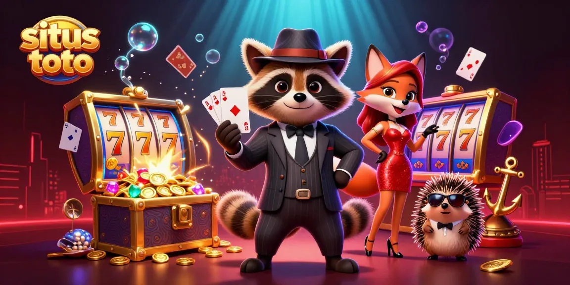 Engage with situs toto as the suave raccoon showcases a royal flush in a dynamic casino scene.