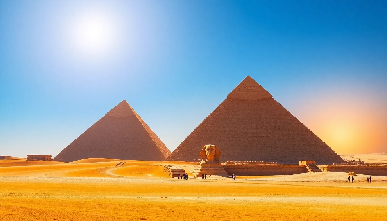 View of impressive piraminds amidst a dramatic sunset, showcasing the grandeur and scale of ancient architecture.