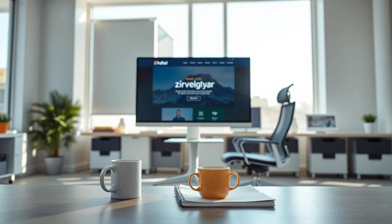 zirvegrupbilgisayar web sitesini gösteren modern bir ofis ortamı.