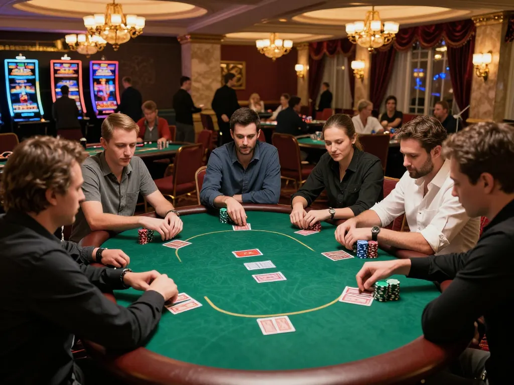 388bet players strategizing in a high-stakes poker game at an upscale casino