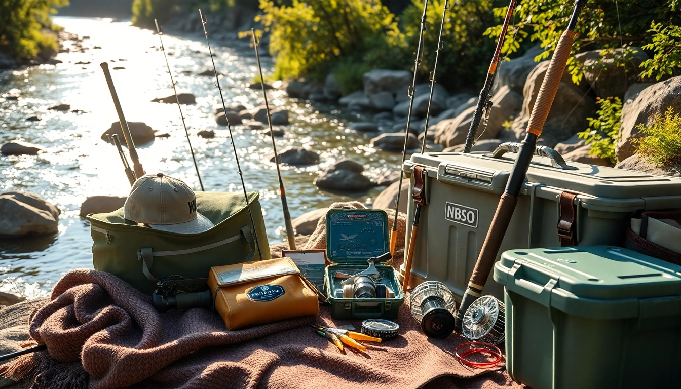 Showcase of various fly fishing gifts, including rods and tackle, along a serene riverbank.